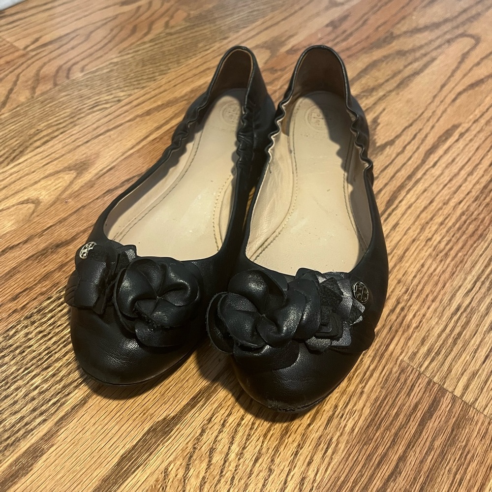 Tory Burch Black Flats with Floral Detail